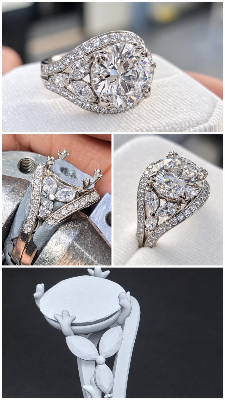 Custom Diamond Ring — Brahim's Jewelry, Burlington MA Custom diamond ring by Brahim's Jewelry in Burlington, MA, showing the finished floral setting, bench work, and CAD model
