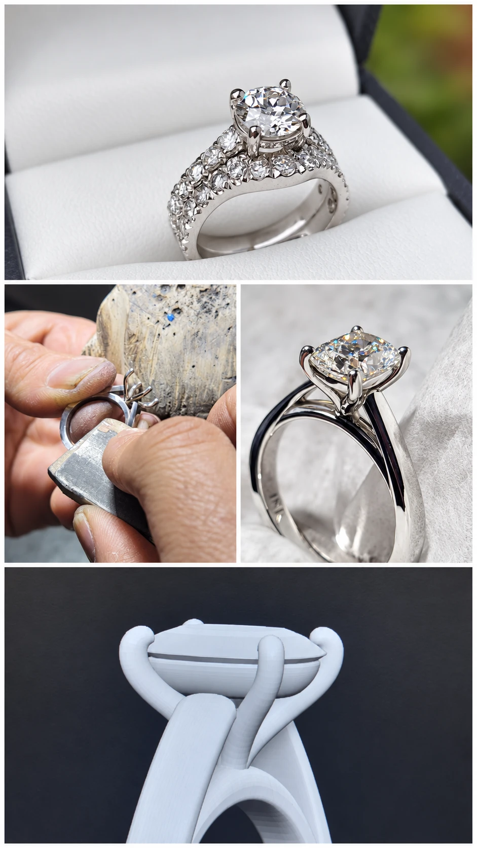 Every Detail Matters — Brahim's Jewelry Craftsmanship, Burlington MA Diamond ring craftsmanship at Brahim's Jewelry in Burlington, MA: finished rings, hand finishing at the bench, and a CAD setting model