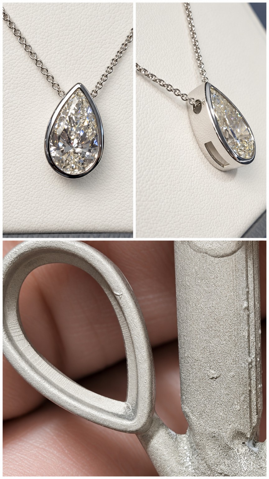 Custom Pear Diamond Pendant — Designed and Made at Brahim's Jewelry in Burlington, Massachusetts Custom pear-shaped diamond pendant at Brahim's Jewelry Burlington MA — unfinished casting and finished bezel-set necklace showing custom jewelry craftsmanship from workshop to final piece